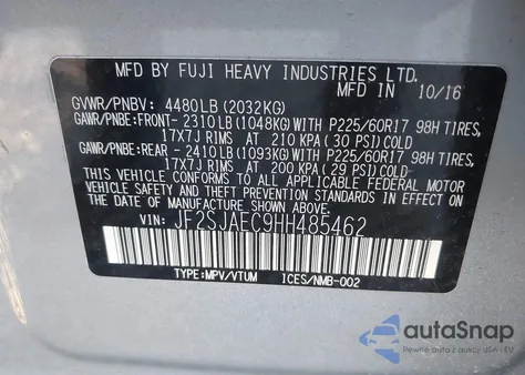 2017 Subaru Forester 2.5I Premium z USA, uszkodzony, nr VIN JF2SJAEC9HH485462